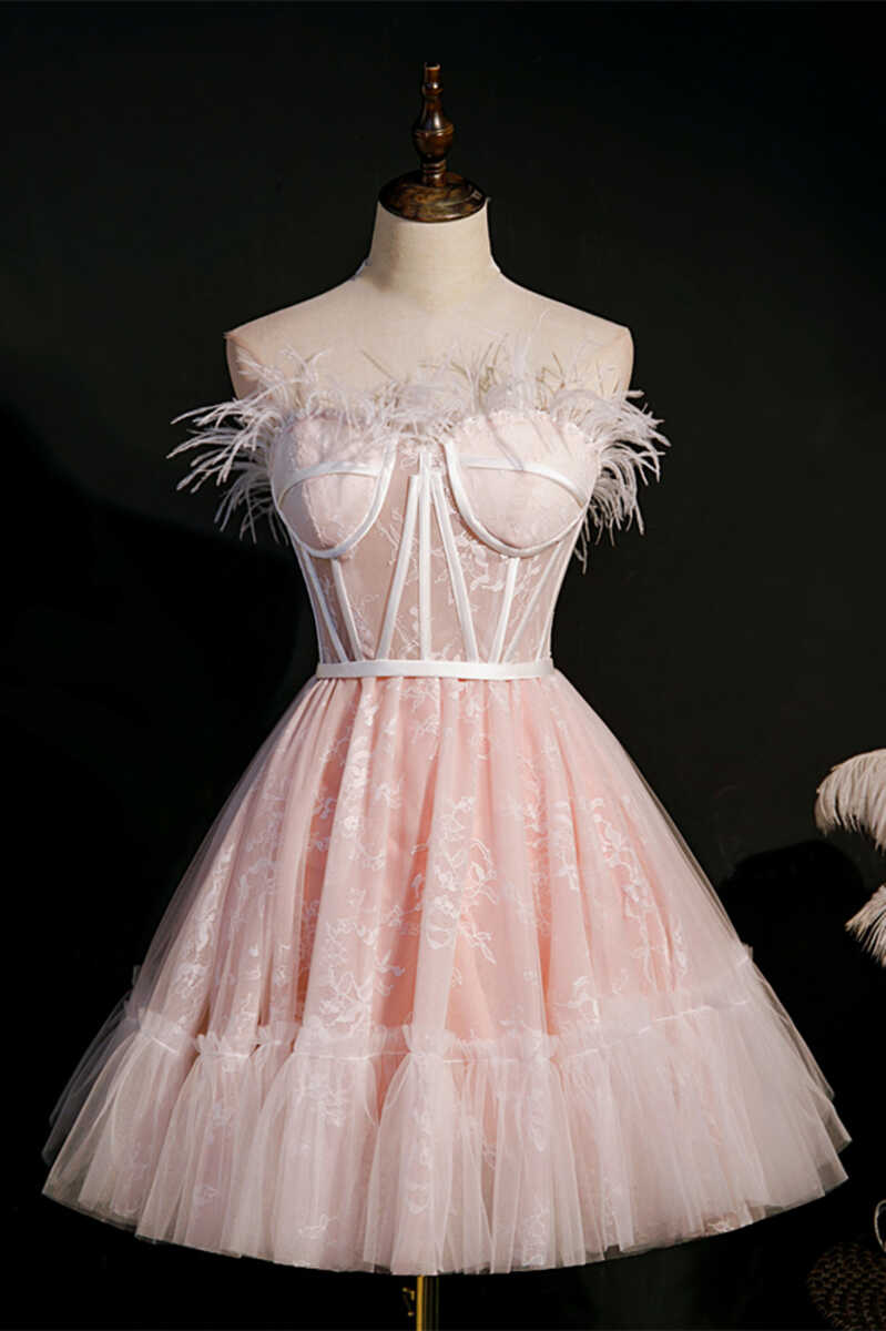 Feather A Line Sleeveless Pink Short Evening Dress Prom Homecoming Dresses