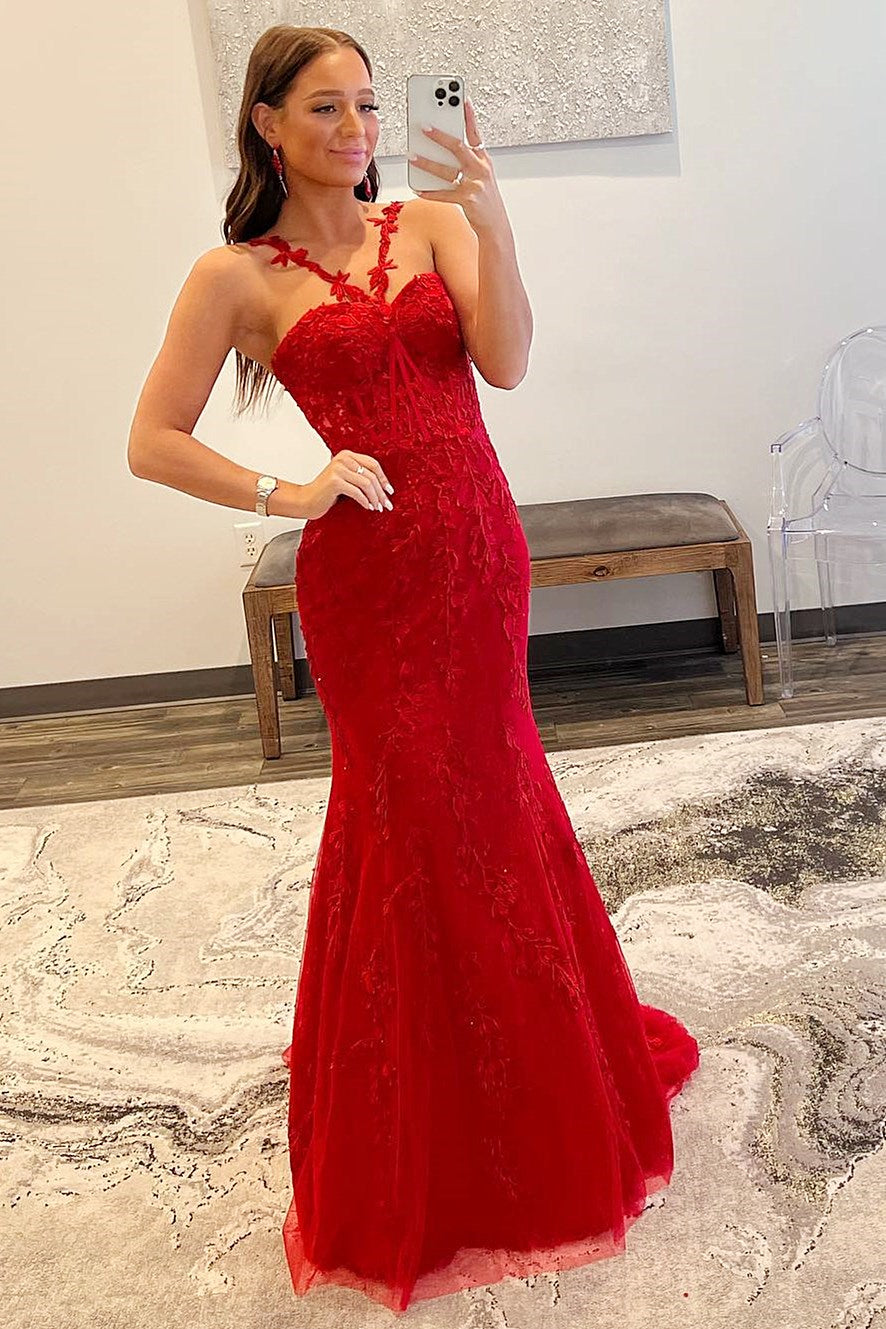 Red Halter Flower Straps Appliques Mermaid Long Prom Dress