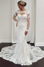 White Lace Cutout Long Sleeves Trumpet Bridal Gown