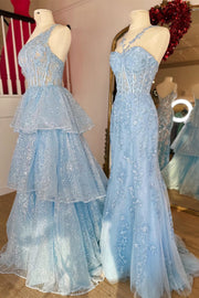 Light Blue Halter Flower Straps Appliques Mermaid Long Prom Dress