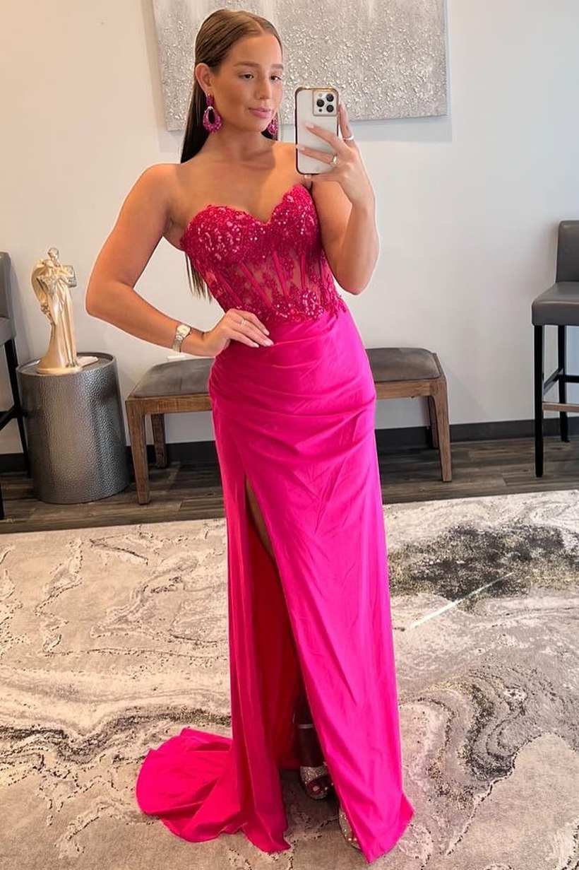 Barbie Pink Lace Strapless Sheath Dress with Slit