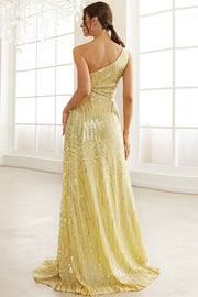 Gold Sequins One-Shoulder A-Line Long Formal Dress with Slit