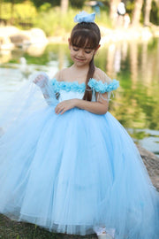Princess Blue Flower Bow Back Girl Birthday Dress