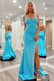 Blue Beaded V-Neck Backless Mermaid Long Prom Dress with Slit