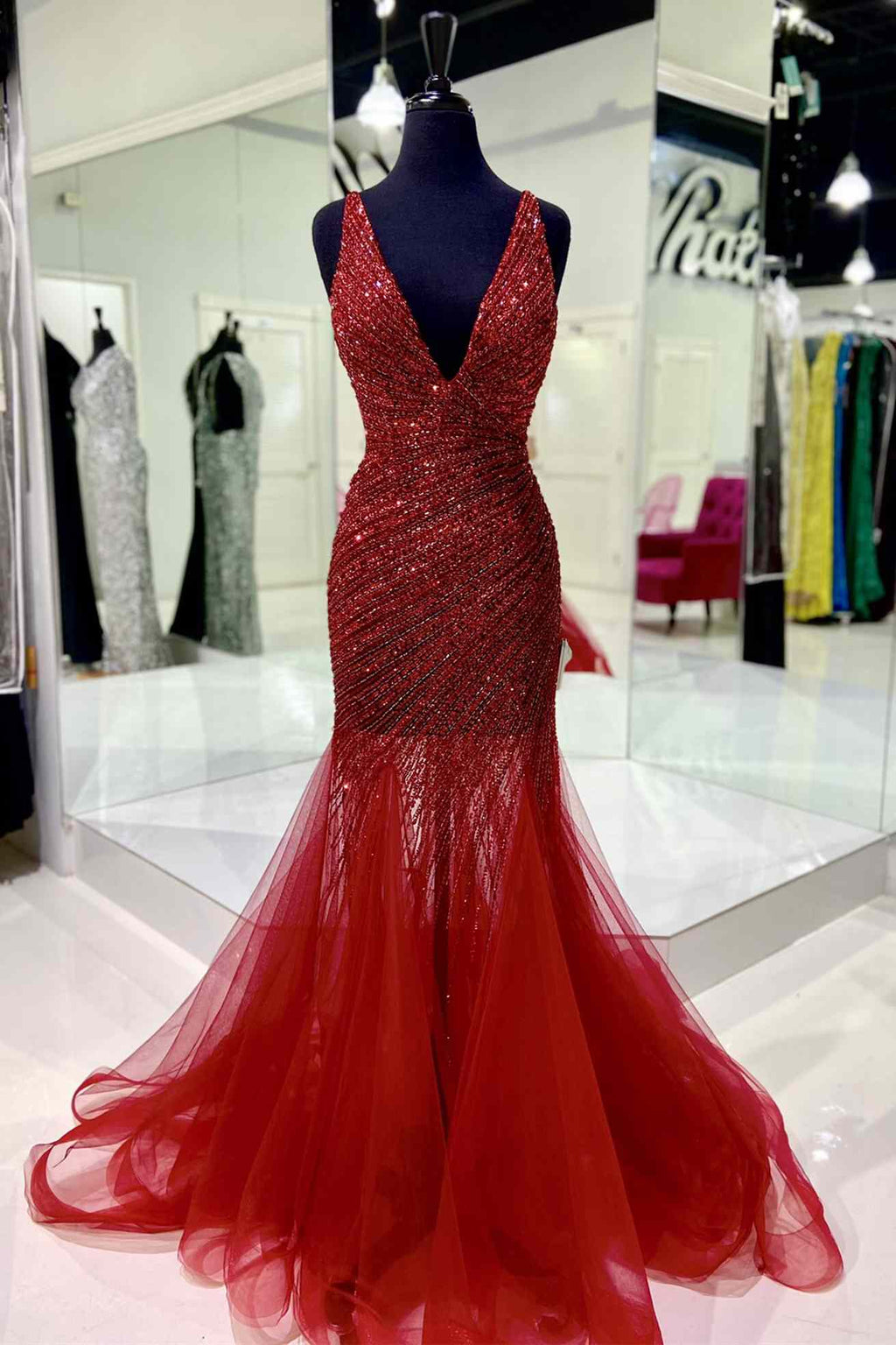 Red Sequin Square Neck Backless A-Line Long Prom Dress Y1534