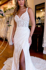 White Lace Queen Anne Mermaid Long Wedding Dress with Slit