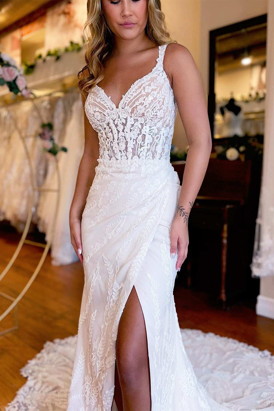 White Lace Queen Anne Mermaid Long Wedding Dress with Slit