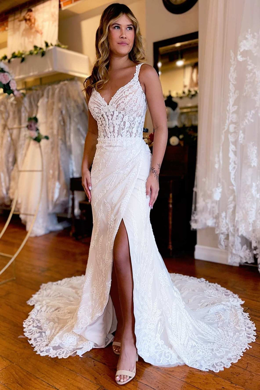 White Lace Queen Anne Mermaid Long Wedding Dress with Slit