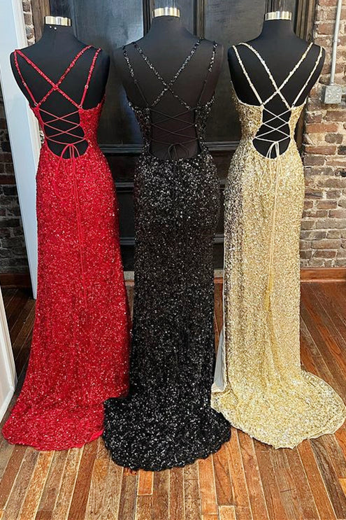 Sequins Queen Anne Lace-Up Long Prom Dress with Slit