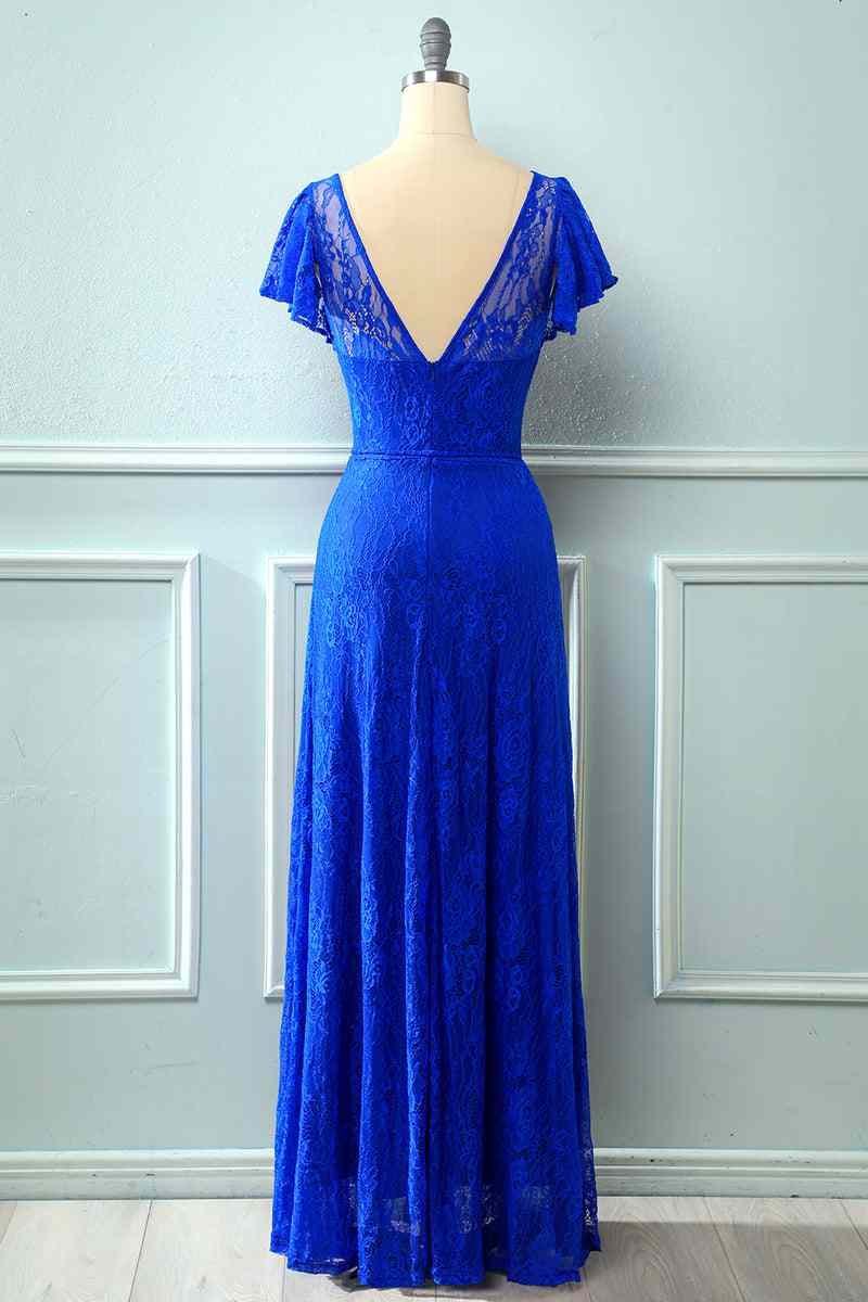 Royal Blue Lace Backless Cap Sleeve Bridesmaid Dress