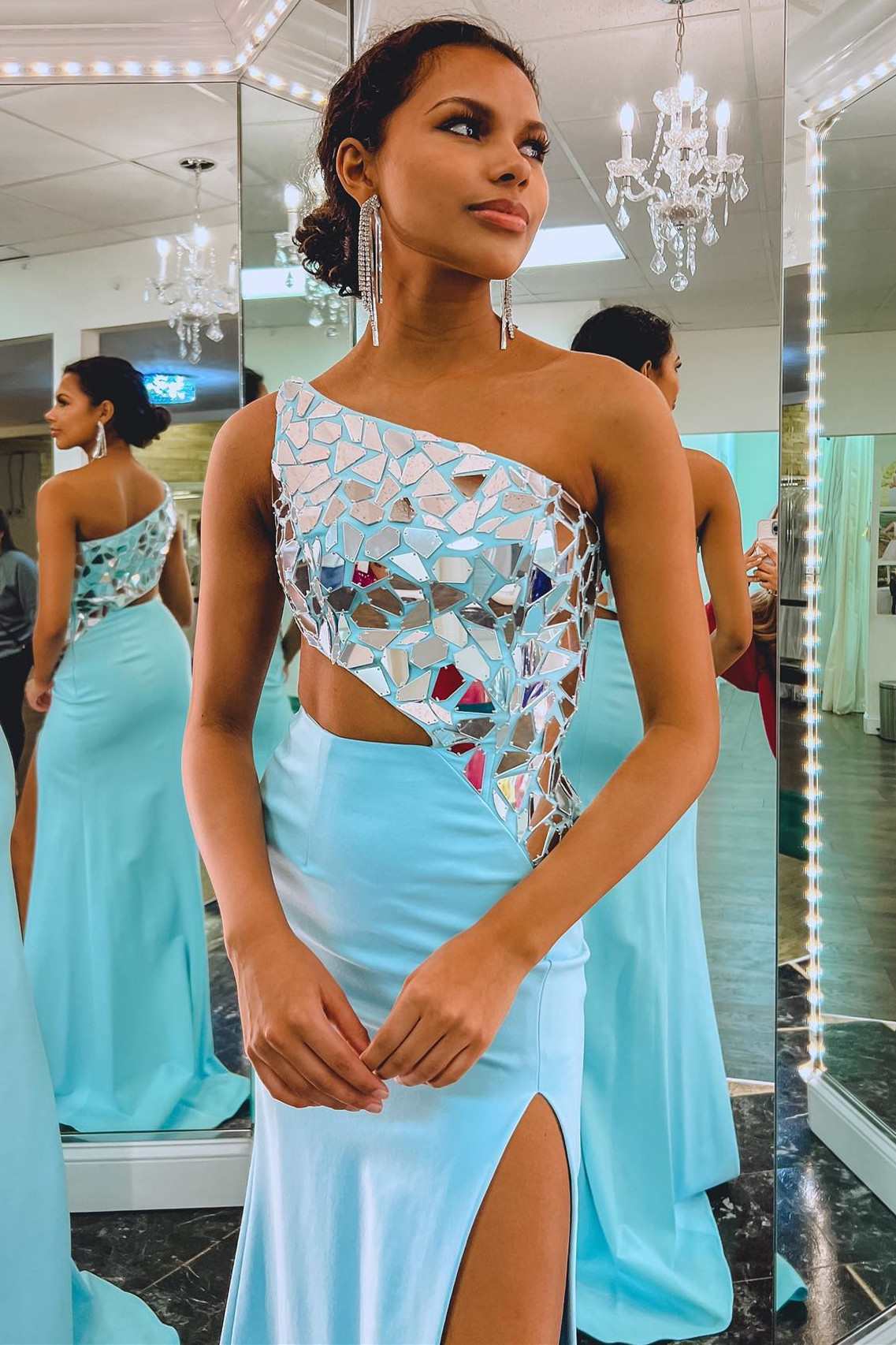 One-Shoulder Red Cut Glass Mirror Cutout Long Formal Dress