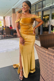 Gold Velvet Off-the-Shoulder Mermaid Long Bridesmaid Dress
