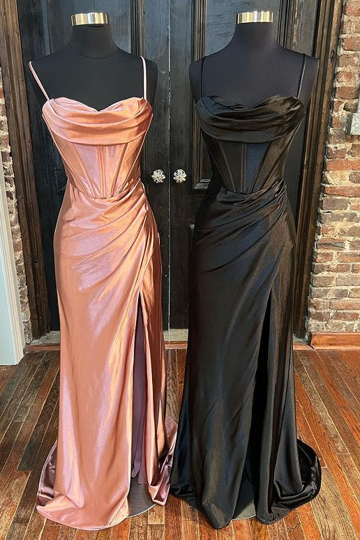 Teal Green Cowl Neck Ruched Lace-Up Long Prom Dress with Slit