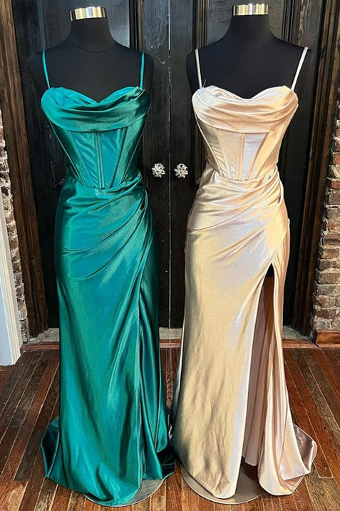 Teal Green Cowl Neck Ruched Lace-Up Long Prom Dress with Slit