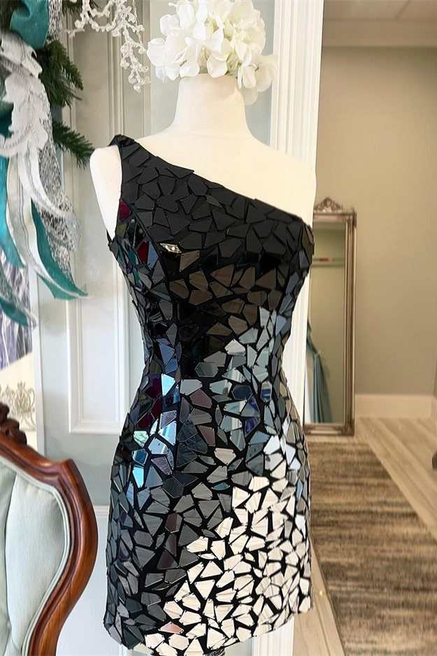 Black Gradient Cut Glass Mirror One-Shoulder Short Dress