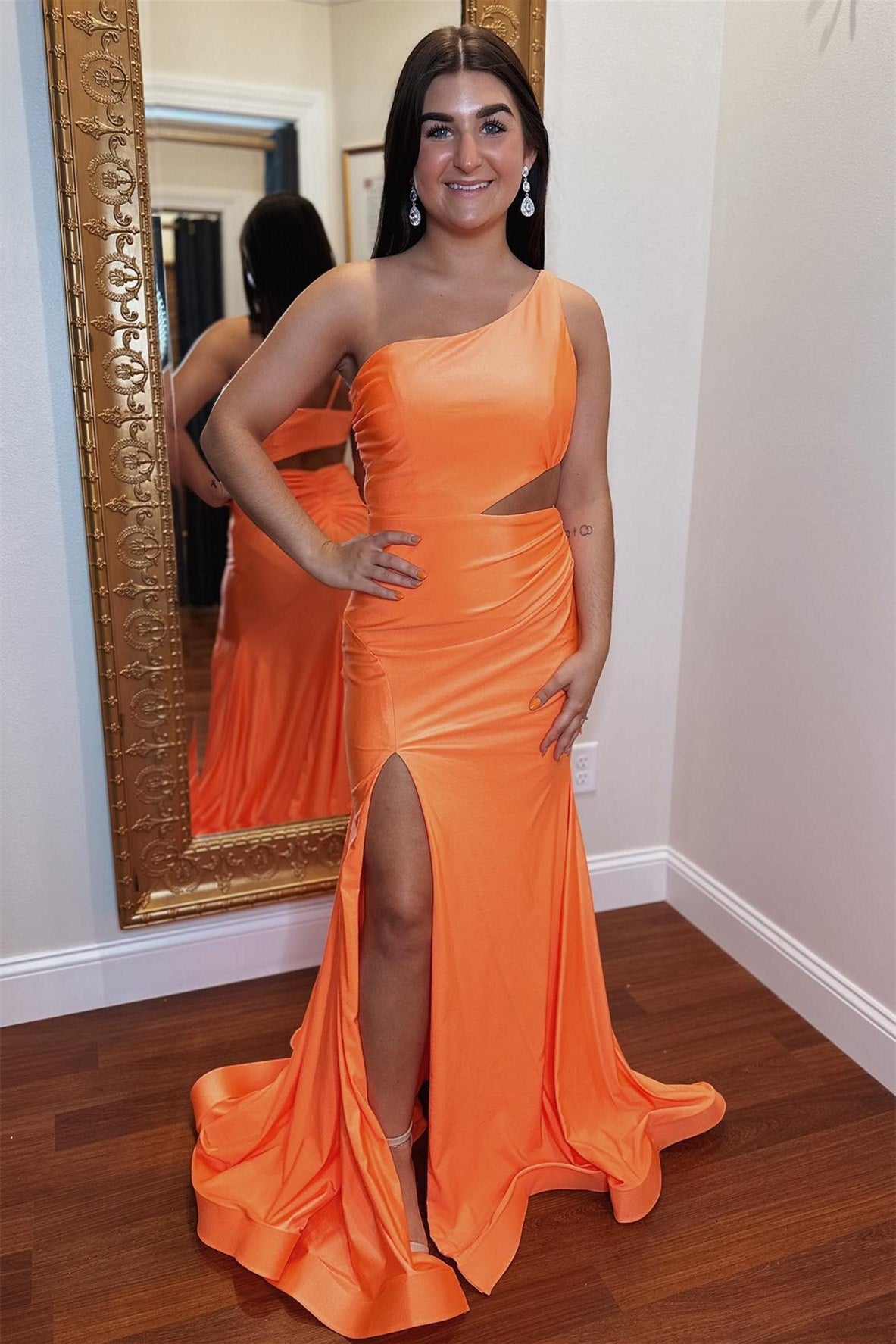 Orange One Shoulder Cut-Out Satin Long Prom Dress with Slit