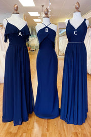 Mismatched Navy Blue Chiffon Long Bridesmaid Dress