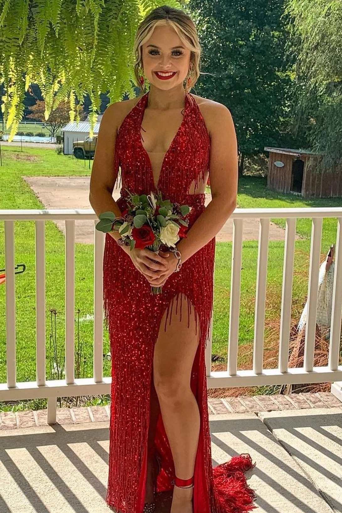Black Sequin Fringe Halter Long Prom Dress with Slit