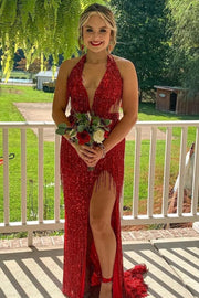 Black Sequin Fringe Halter Long Prom Dress with Slit