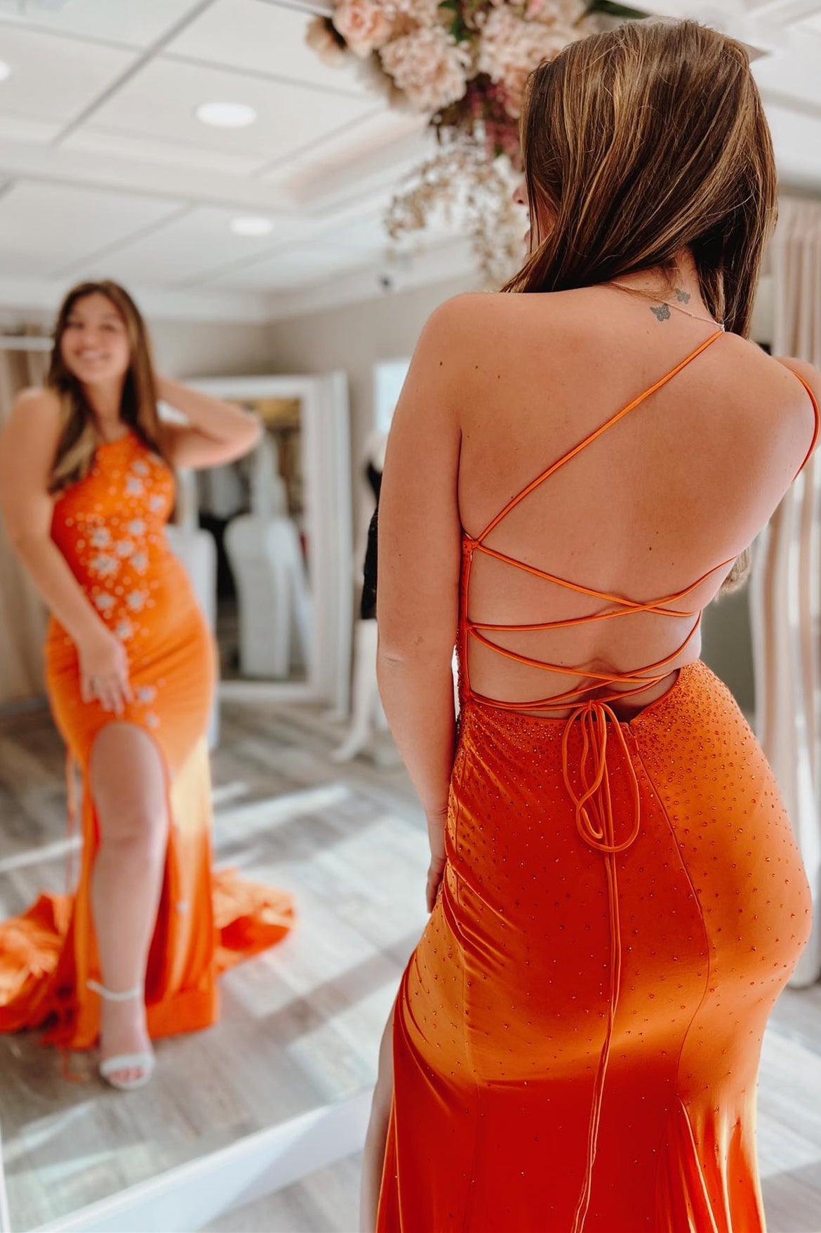 Orange Beaded Stars One-Shoulder Lace-Up Mermaid Prom Dress
