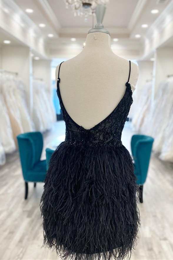 Black Sequin V-Neck Feathered Mini Homecoming Dress
