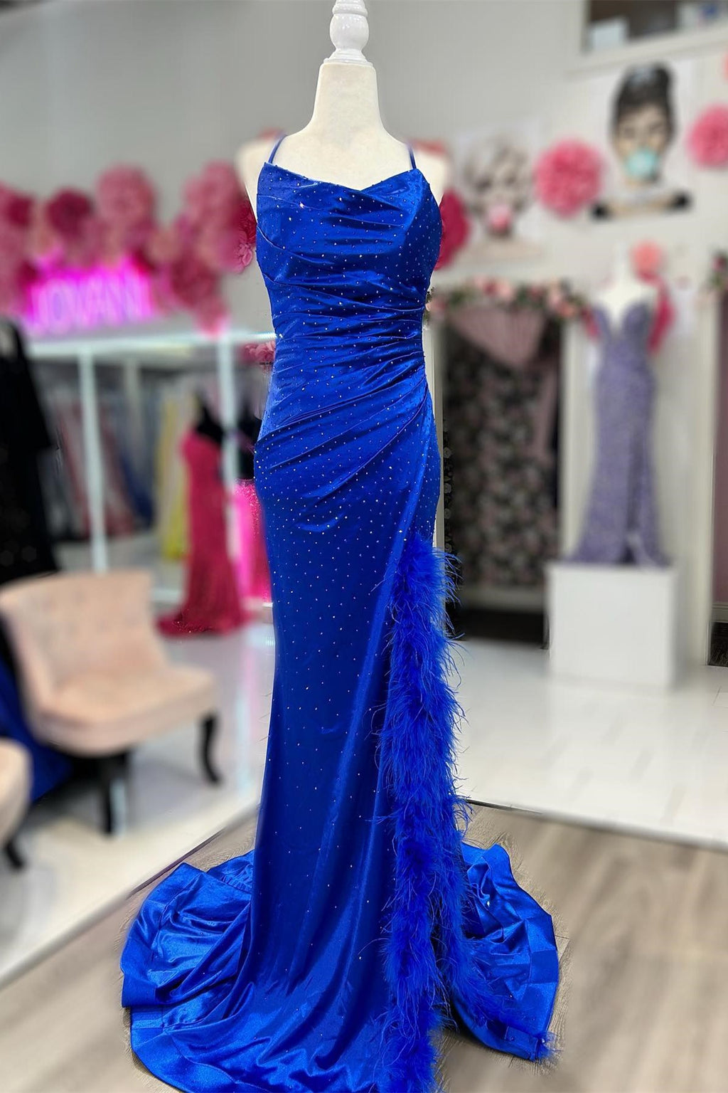 Royal Blue Velvet Strapless Mermaid Long Prom Dress with Slit – Modsele