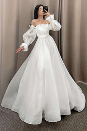 White Strapless Pleated A-Line Long Wedding Dress with Sleeves