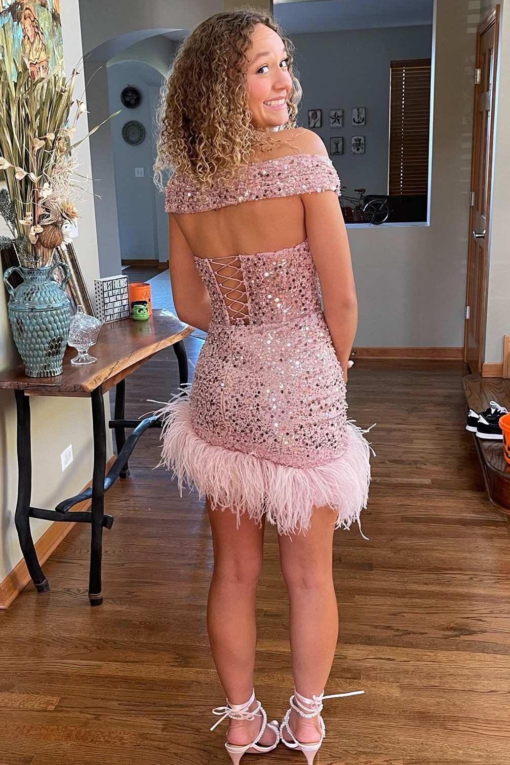 Pink Sequin Off-the-Shoulder Lace-Up Feathers Homecoming Dress