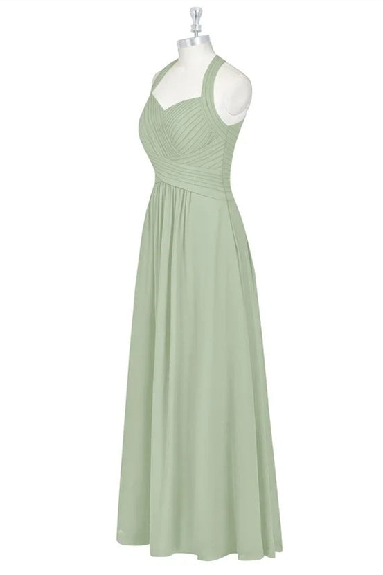 Sage Green Chiffon Halter A-Line Long Maid of Honor Dress