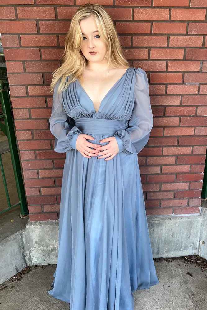 Dusty Blue Plunge Long Sleeve Bridesmaid Dress – Modsele