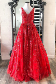 Red Beaded Plunge V Backless A-Line Prom Gown
