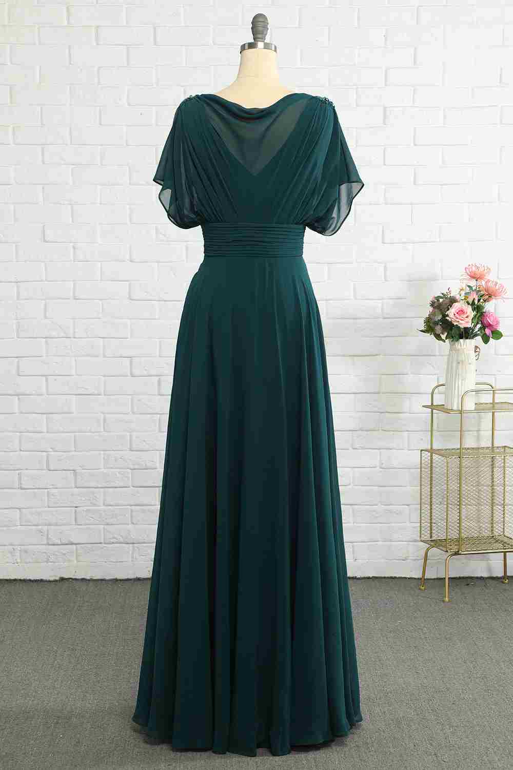 Hunter Green Chiffon Bateau Banded Waist Bridesmaid Dress