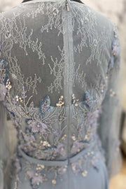 Grey Blue V-Neck Long Sleeve Beaded Mother of the Bride Dress