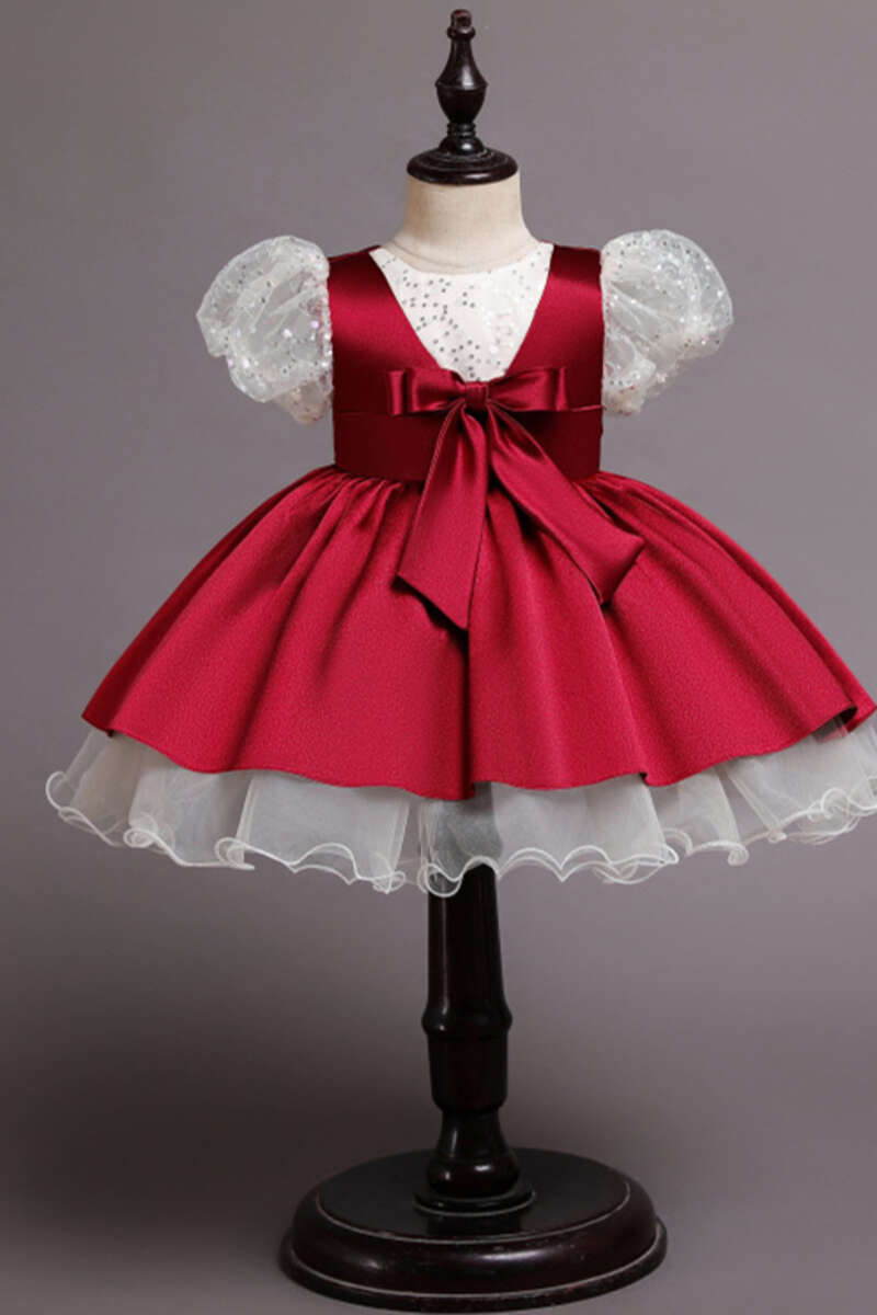 Wine Red Sequin Puff Sleeve Bow Girl Ball Gown