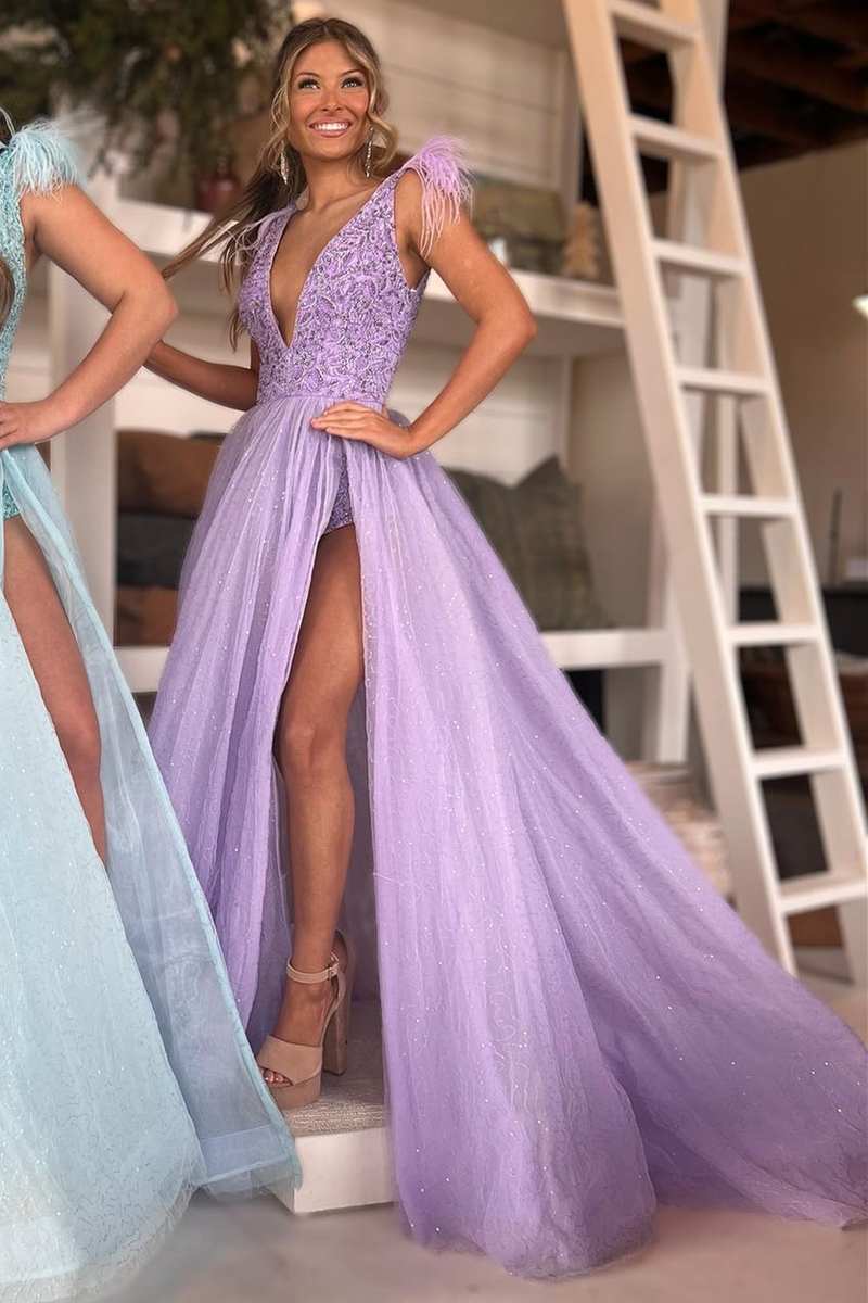 Aqua Blue Feather Beaded V-Neck Long Prom Dress with Slit