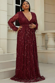 Plus Size Wine Red Fringes V-Neck Long Sleeve A-Line Prom Dress