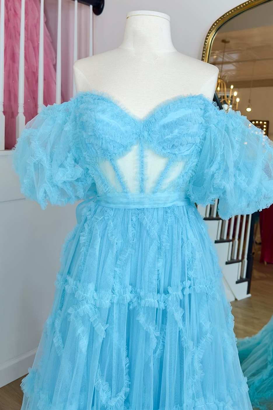 Light Blue Sheer Corset Ruffles A-Line Prom Dress with Puff Sleeves