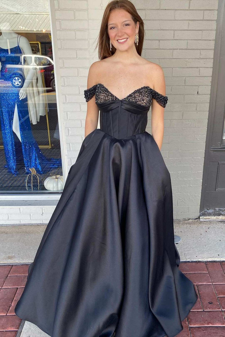 Princess Black Satin Off-the-Shoulder Ball Gown