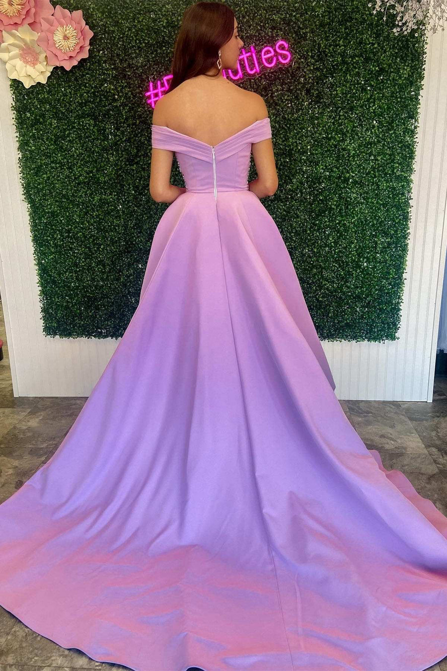 Purple Beaded Twist-Front Off-the-Shoulder Long Prom Dress