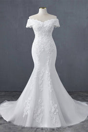 White Floral Lace Off-the-Shoulder Trumpet Wedding Dress
