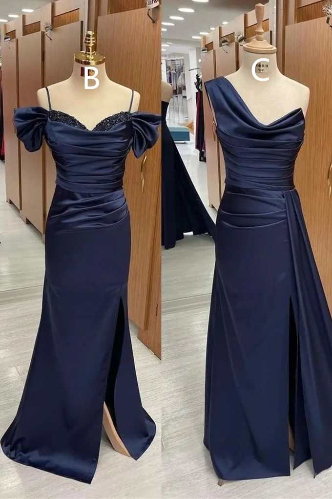 Mismatched Navy Blue Satin Long Bridesmaid Dress