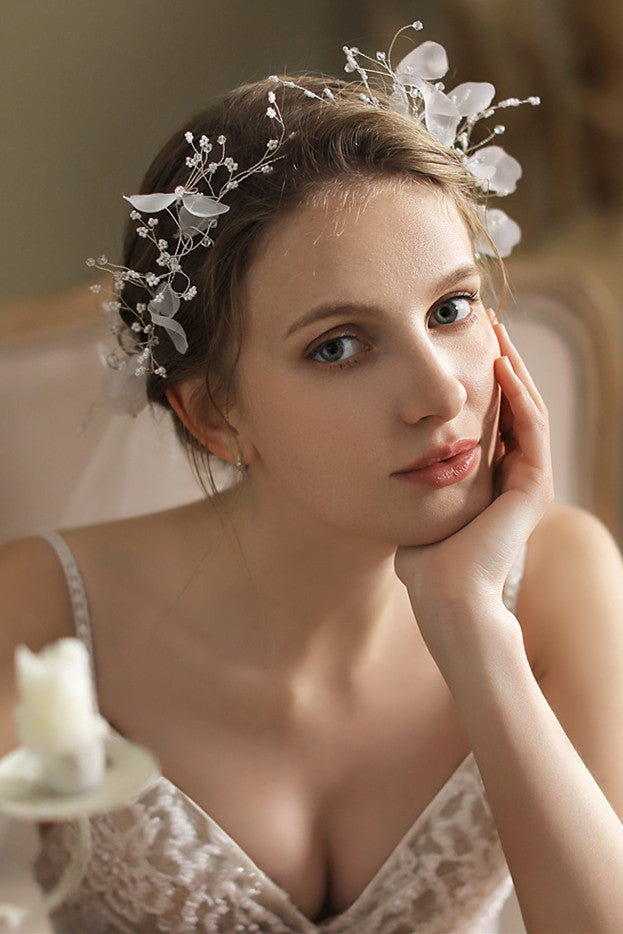 White Mesh Bridal Veil with Floral Hair Wreath
