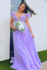 Lavender Plunging Off-the-Shoulder Feathers Appliques Long Prom Dress