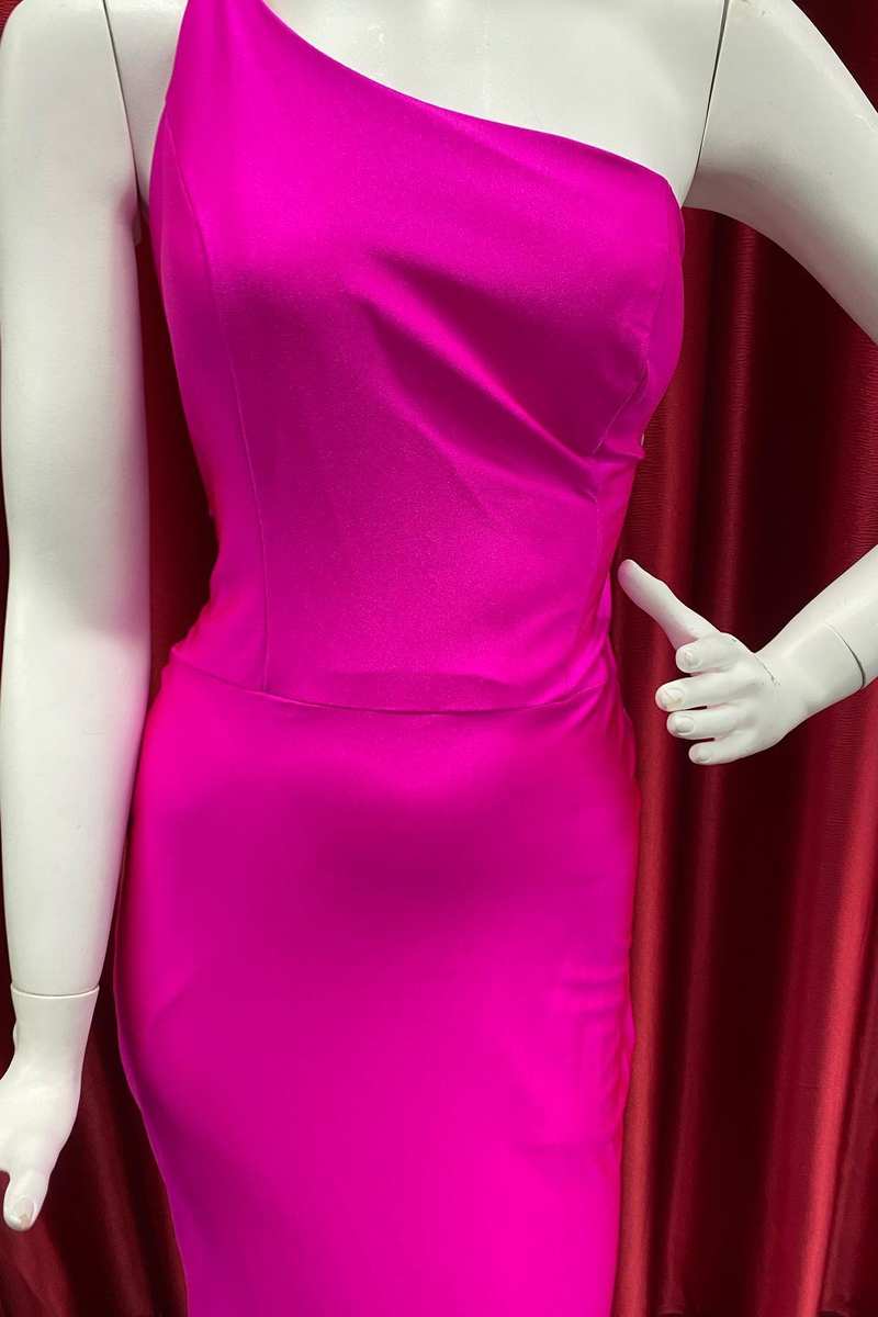 One-Shoulder Hot Pink Twist-Back Trumpet Long Prom Dress