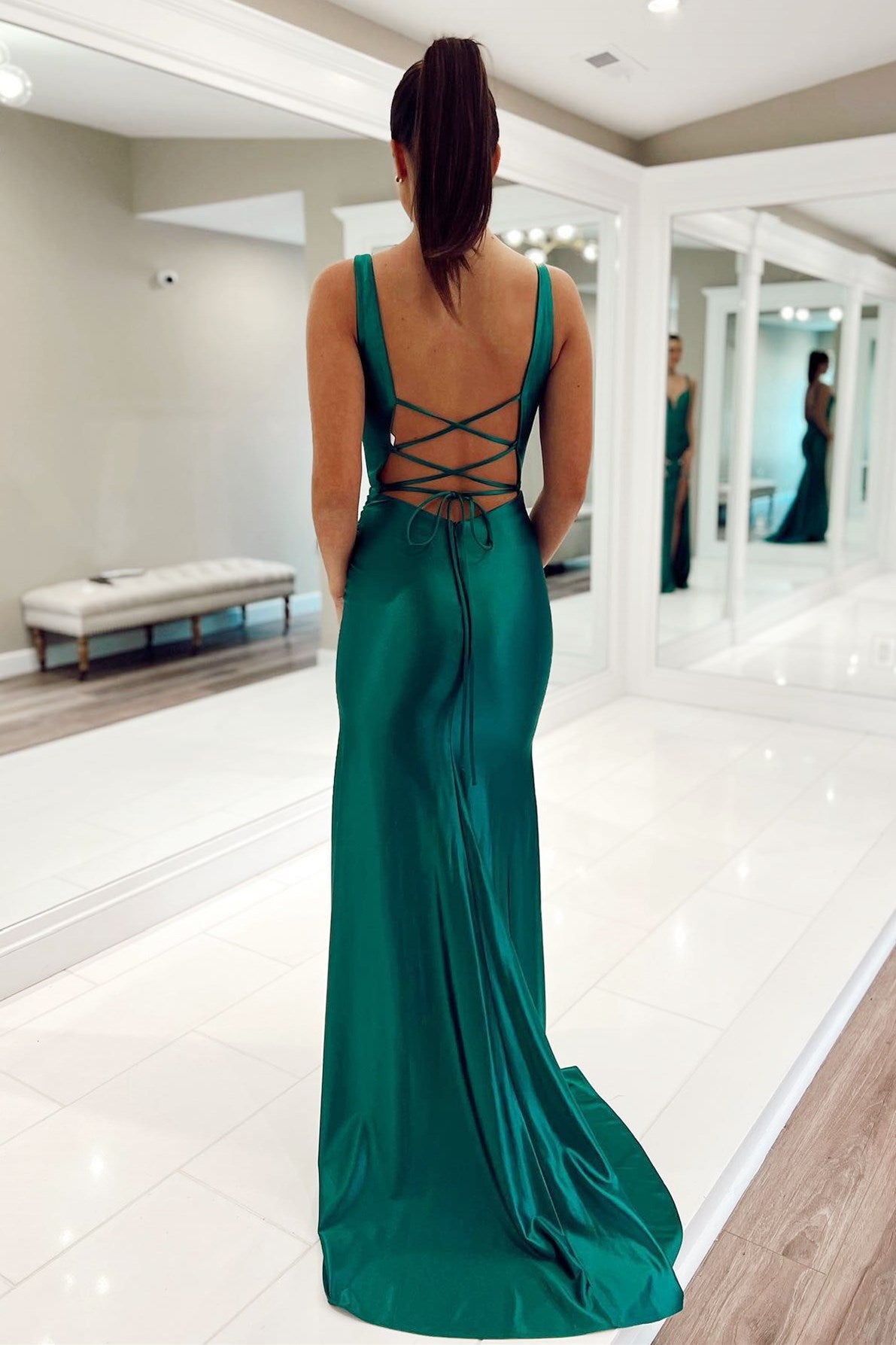Elegant Teal Plunge V Lace-Up Mermaid Long Formal Dress