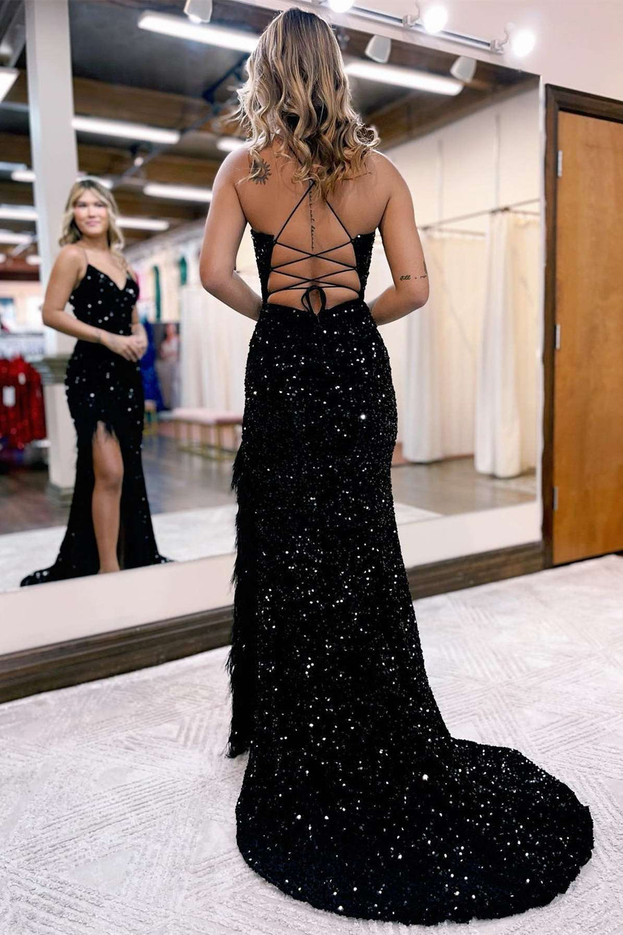 White Iridescent Sequins Feather Mermaid Long Prom Dress with Slit