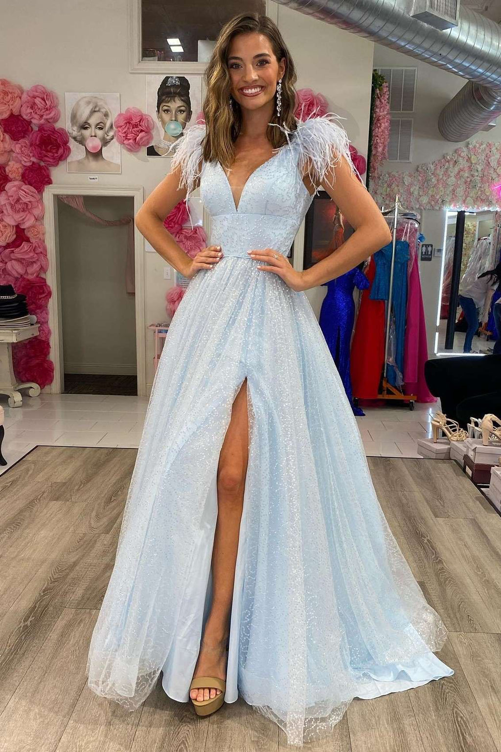 Weitese Dress Sparkly A Line V Neck Glitter Light Blue Long Prom Dress main image 1