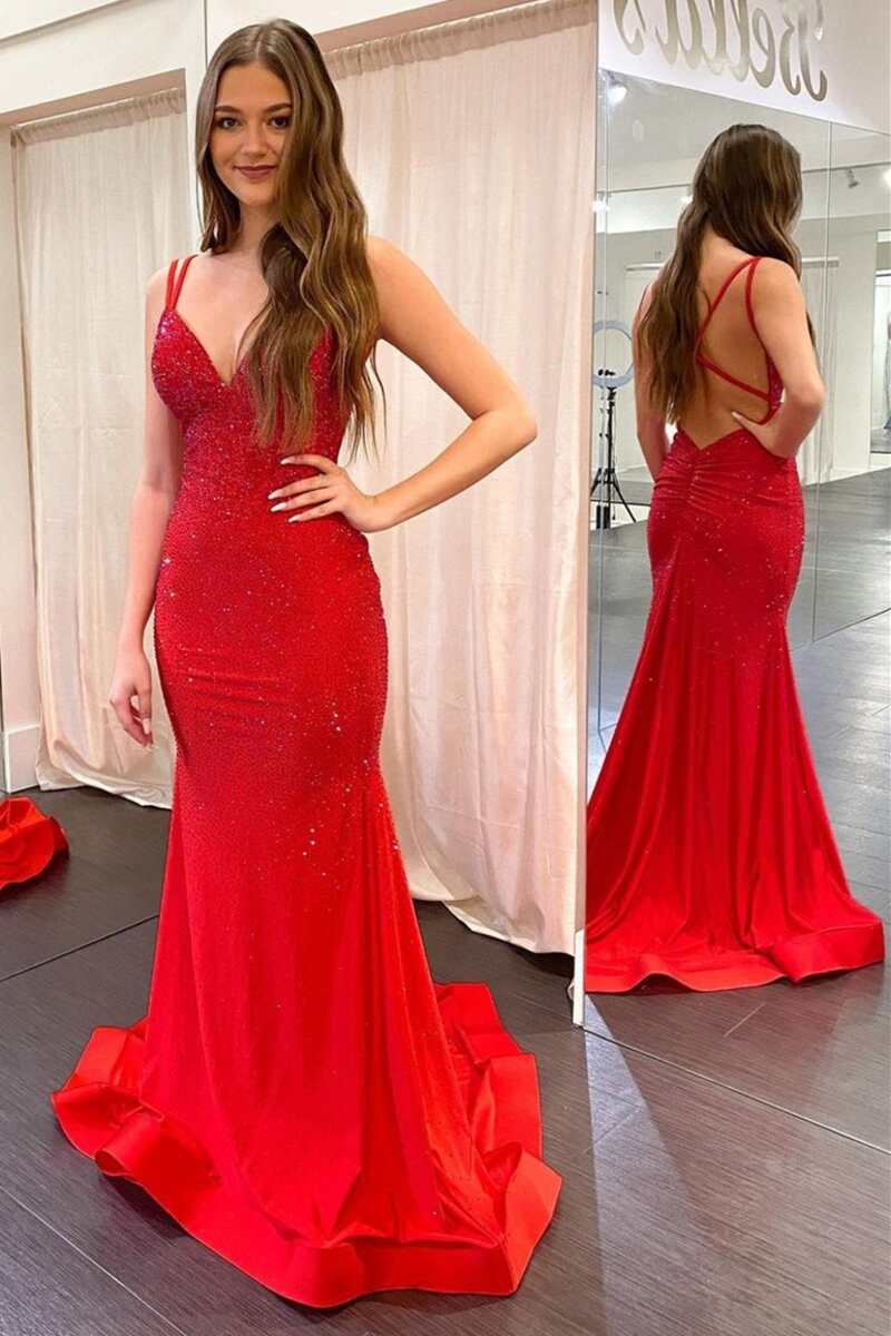 Royal Blue Beaded V-Neck Backless Mermaid Long Prom Gown