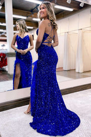 White Iridescent Sequins Feather Mermaid Long Prom Dress with Slit