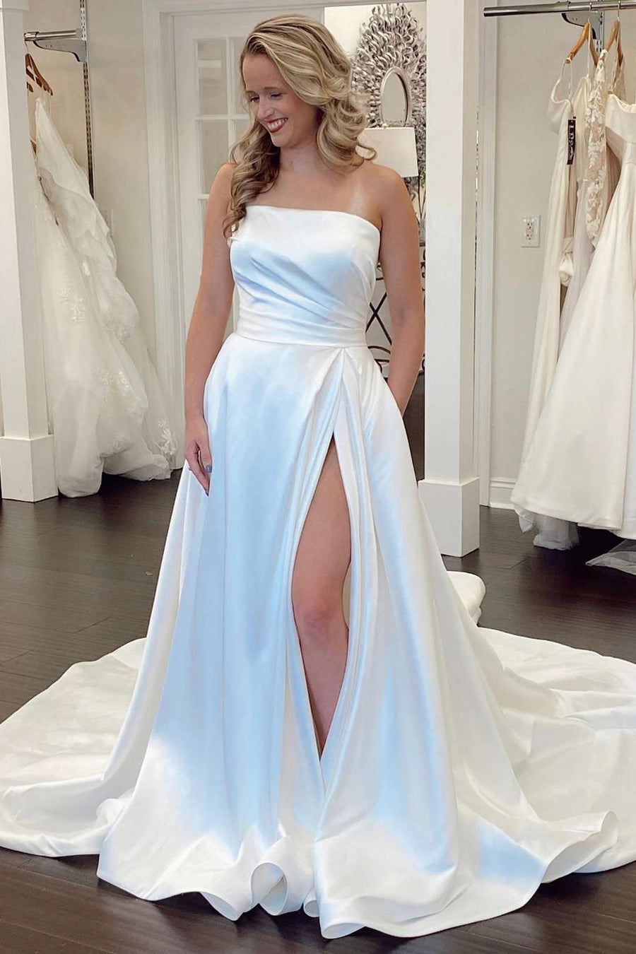 White Satin Strapless A-Line Bridal Gown with Slit